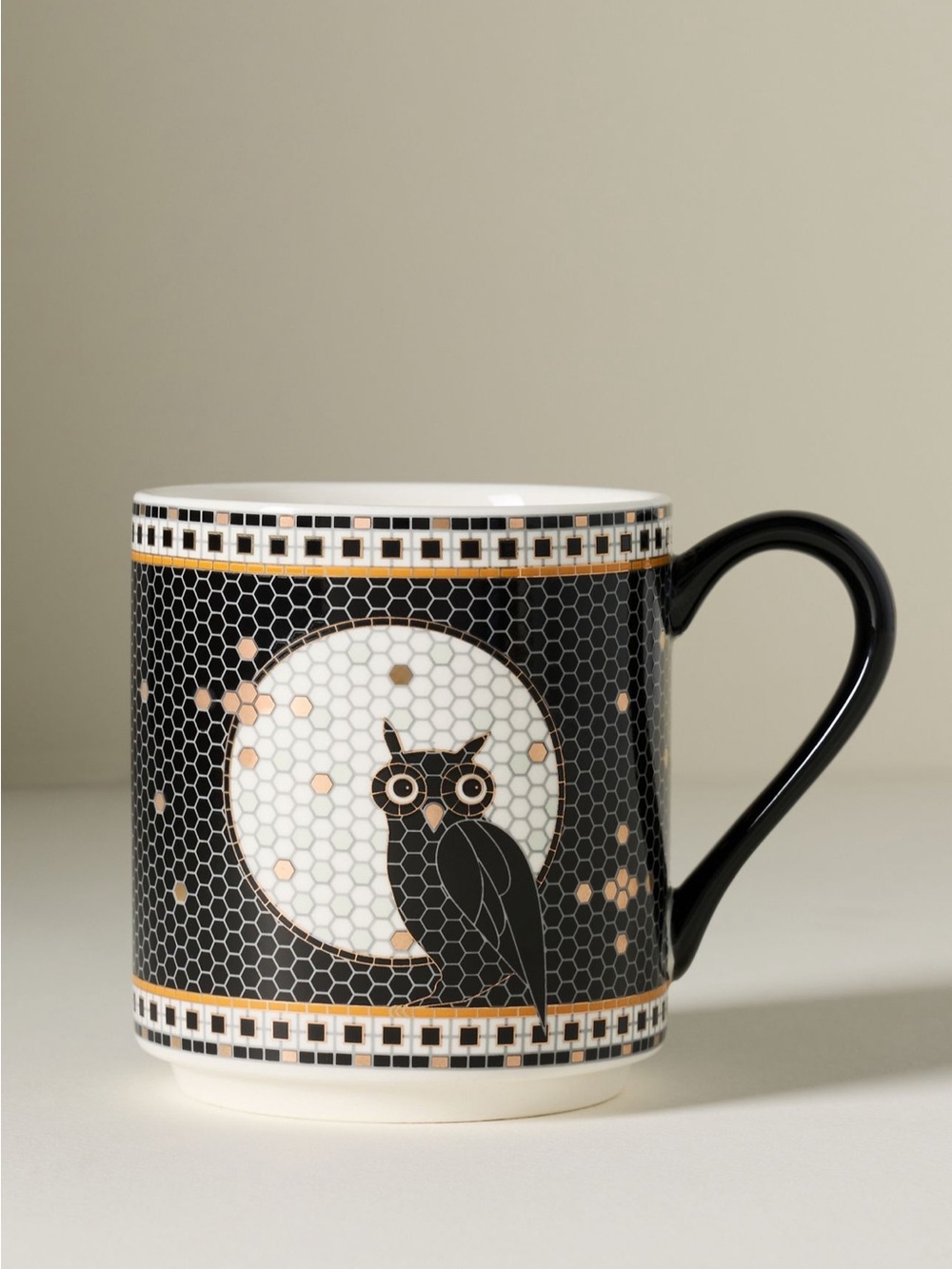 Anthropologie Bistro Tile Stoneware 24k Gold Accent Halloween Mug - Owl